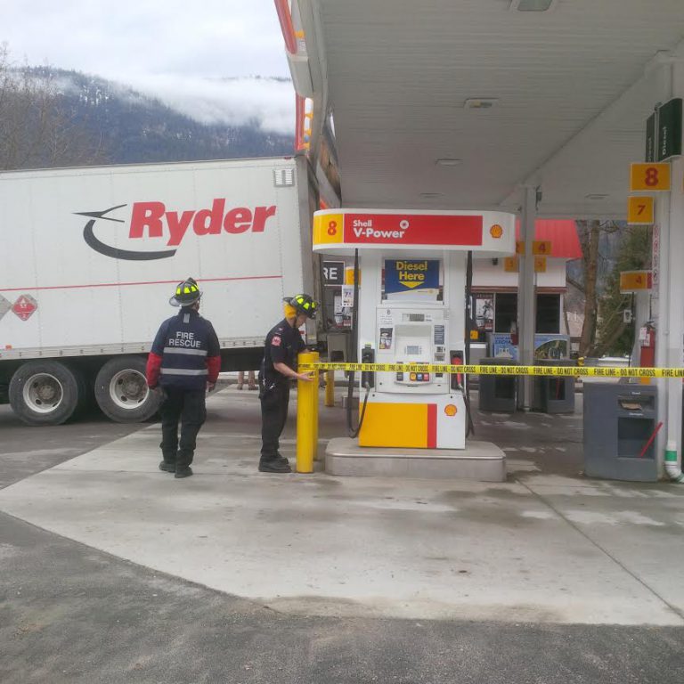 Van strikes gas station canopy